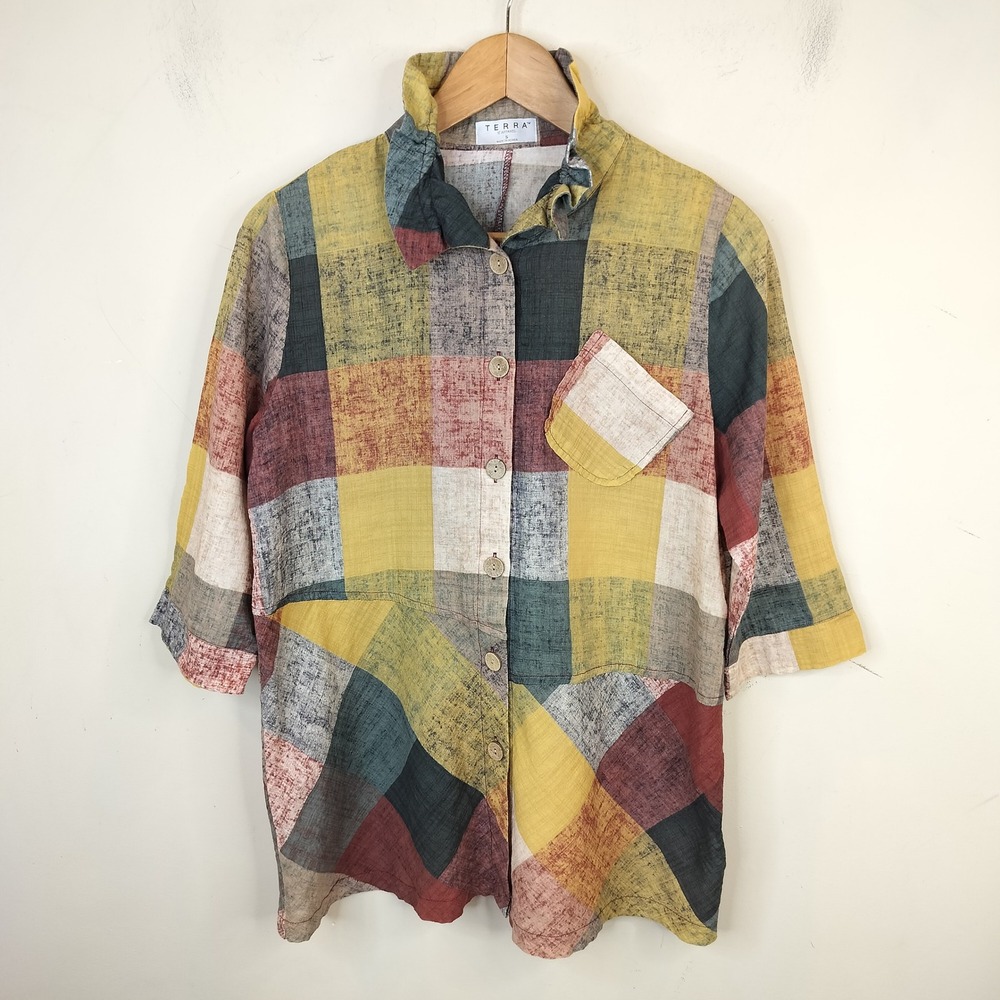 Terra Sj Apparel Button Up Top Stand Collar Small Plaid Patchwork Artsy Colorful